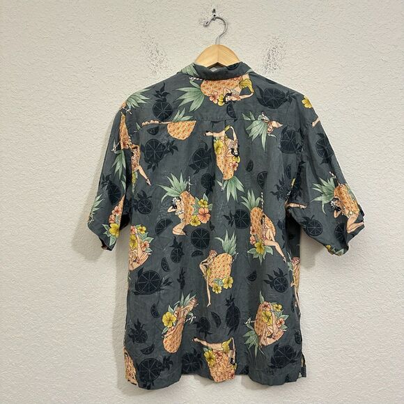 TOMMY BAHAMA Silk Hawaiian SS Shirt Gray Pin-Up Girl Pineapple Beach - Picture 2 of 8